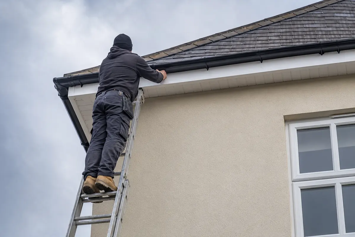 Tradesman carrying out roofline and building maintenance work