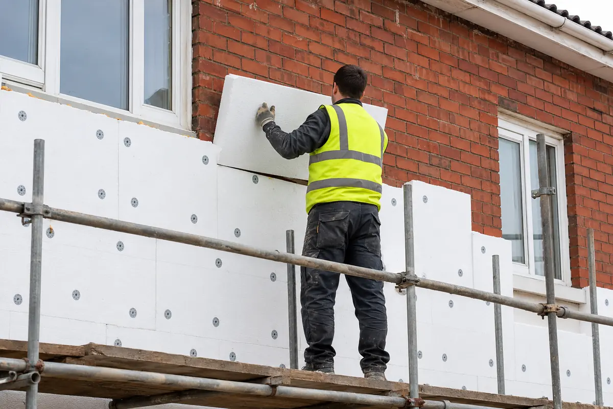 Installer fixing external wall insulation boards to a house exterior