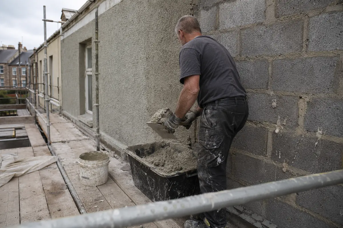 Roughcaster applying wet dash render to an exterior wall on scaffolding